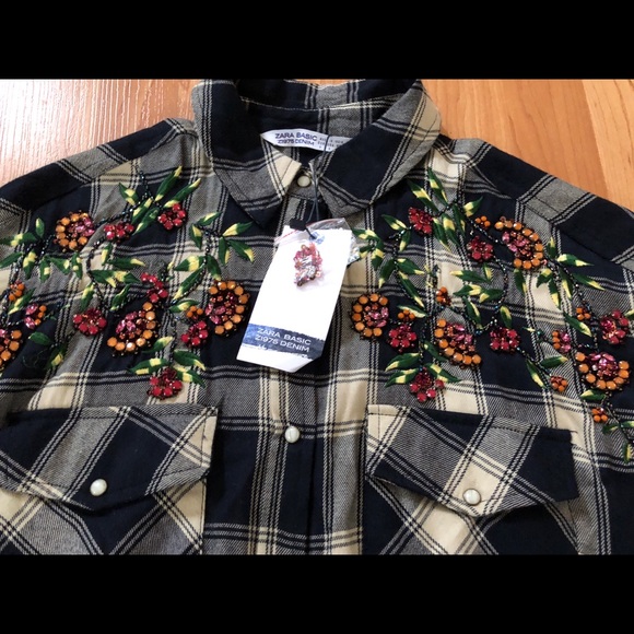 ZARA Embellished Long Sleeve Plaid Long Top Sz S - Picture 3 of 8